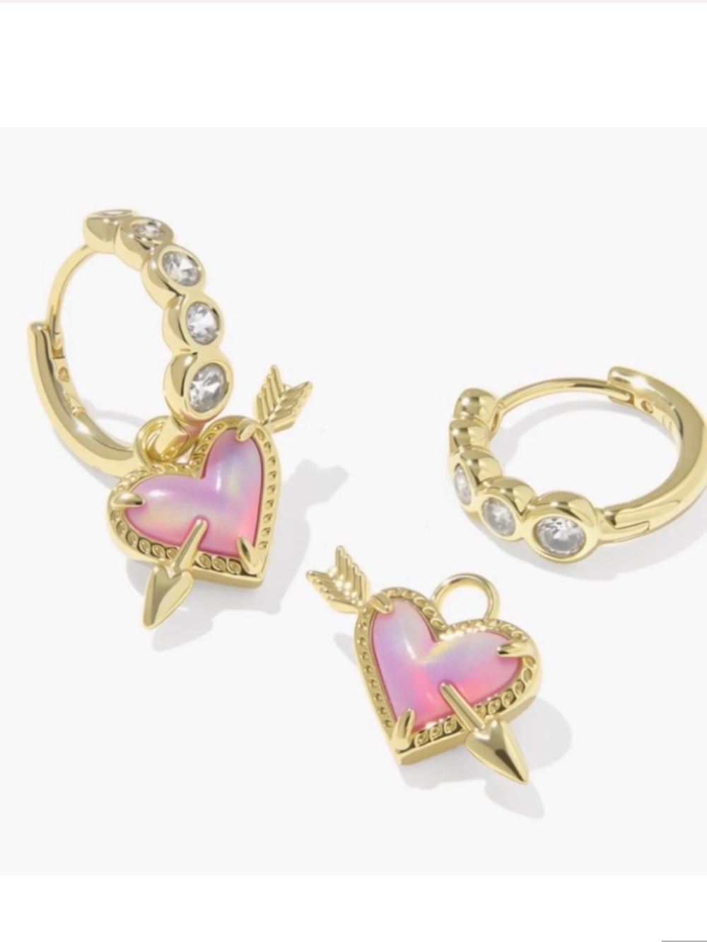 NEW Kendra Scott Heart Arrow Gold Diamond Huggie Pink Opal Iridescent Earrings - Picture 4 of 6